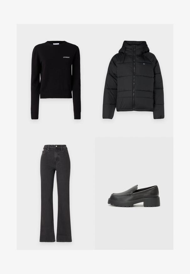 Black padded jacket with a hood, featuring a front zipper, adjustable drawstrings, and quilted design. Soft, lightweight fabric.; Black knitted sweater with long sleeves, a round neckline, and ribbed cuffs and hem. Features "2ND DAY" logo embroidered on the chest.; Black high-waisted flared jeans made of denim, featuring a button closure, belt loops, and side pockets. Smooth texture with minimal fading.; Black leather loafers with a rounded toe, thick textured sole, and minimal stitching details. Sleek design with no visible laces or hardware.