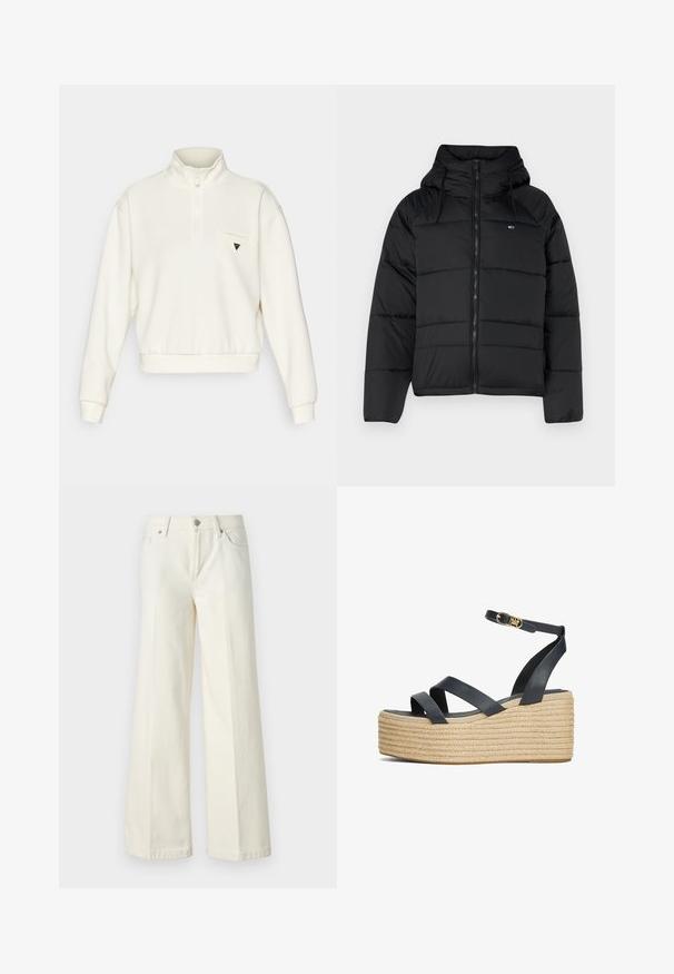 Chaqueta acolchada negra con capucha, con cremallera frontal, cordones ajustables y diseño acolchado. Tejido suave y ligero.; Sudadera de color crema con medio cierre, puños y dobladillo acanalados. Presenta un pequeño logo en el bolsillo izquierdo del pecho.; Jeans blancos de pierna ancha hechos de una mezcla de algodón. Cuentan con una cremallera en la bragueta, diseño de cinco bolsillos y costuras a lo largo de las costuras.; Sandalias de cuña de cuero negro con correas entrecruzadas y una plataforma de cuerda trenzada. Presenta una correa en el tobillo y detalles de hebilla en tono dorado.