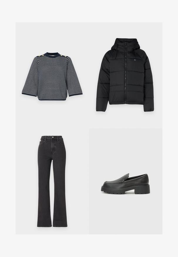 Fekete puffasztott kabát kapucnival, elülső cipzárral, állítható húzózsinórral és steppelt dizájnnal. Puha, könnyű anyag.; Tengerész kék és fehér csíkos kötött pulóver kerek nyakkal, háromnegyedes ujjakkal, és arany gomb díszítéssel a vállakon.; Fekete, magas derekú, trapéz fazonú farmernadrág, gombos záródással, övrésszel és oldalsó zsebekkel. Sima textúrájú, minimális kopással.; Fekete bőr loafer cipők kerek orral, vastag, texturált talppal és minimális varrási részletekkel. Áramvonalas dizájn, látható fűzők vagy fém részek nélkül.