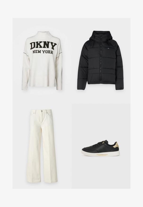 Črna podložena jakna s kapuco, ki ima sprednji zadrgo, nastavljive vrvice in kvadratni dizajn. Mehka, lahka tkanina.; DKNY INTARSIA LOGO TURTLENECK HIGH LOW BOXY SWEATER - Pulover - eggnog/black; Široke bele kavbojke so narejene iz mešanice bombaža. Imajo zadrgo, pet žepov in šive vzdolž šivov.; Črne usnjene teniske z gladko teksturo, bele gumijaste podplate, zlatimi detajli na peti in očesci ter logotipom na strani.