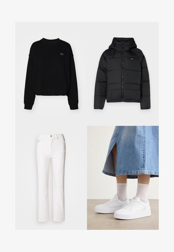 Μαύρο φουσκωτό μπουφάν με κουκούλα, με μπροστινό φερμουάρ, ρυθμιζόμενα κορδόνια και σχέδιο με καπιτονέ. Μαλακό, ελαφρύ ύφασμα.; Μαύρη μπλούζα με λαιμόκοψη, χαμηλούς ώμους και ριμπ μανσέτες. Διαθέτει ένα μικρό κεντημένο λογότυπο στο στήθος. Μαλακή υφή υφάσματος.; Λευκά τζιν παντελόνια με ίσια γραμμή, πεντατσέπιο σχέδιο, μεταλλικό κουμπί και διακριτές ραφές. Λείο ύφασμα και μινιμαλιστικό στυλ.; Λευκά αθλητικά παπούτσια με υφή δέρματος, που διαθέτουν πλατφόρμα, στρογγυλή μύτη και σύστημα κορδονιών; συνδυασμένα με ανοιχτό γκρι κάλτσες μέχρι τον αστράγαλο και τζιν φούστα.