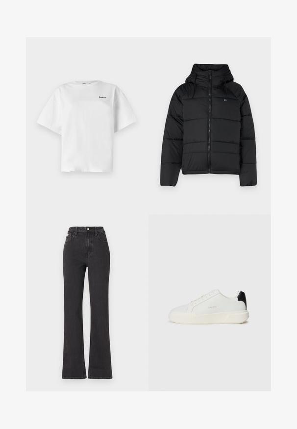 Černá péřová bunda s kapucí, vybavená předním zipem, nastavitelnými šňůrami a prošívaným designem. Měkká, lehká tkanina.; Bílá bavlněná tričko s krátkými rukávy, s volným střihem a černým logem "Barbour" na levé přední straně.; Černé vysoké rozšířené džíny z denimu, se zapínáním na knoflík, poutky na opasek a bočními kapsami. Hladká textura s minimálním vyblednutím.; Bílé tenisky s hladkým koženým svrškem, kulatou špičkou, šněrováním a kontrastním černým akcentem na patě. Obsahují texturovanou gumovou podrážku.