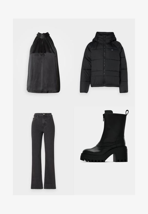 Zwarte gewatteerde jas met capuchon, voorzien van een voorrits, verstelbare koordjes en een doorgestikt ontwerp. Zacht, lichtgewicht materiaal.; Zwart satijnen haltertop met ruime stof bij de halslijn en een soepele, vloeiende uitstraling. Rechte zoom zonder zichtbare patronen of accenten.; Zwarte hoge taille flared jeans van denim, met een knoopsluiting, riemlussen en zijzakken. Gladde textuur met minimale vervaging.; Zwarte leren enkelboot met stevige zool, blokhak, rits aan de zijkant en een trekloop achterop op een effen witte achtergrond.