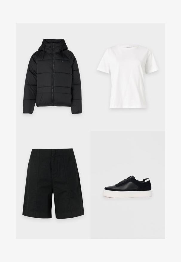 Musthave mustaga, millel on kapuuts, ees lukk, reguleeritavad nöörid ja tikitud disain. Pehme ja kerge kangas.; Valge puuvillane T-särk lühikeste varrukatega, ümmarguse kaelusega ja vabalt istuv. Sile tekstuur, ilma mustrite ja aktsentideta, minimalistik disain.; Mustad mustad lühikesed püksid kergest kangast, millel on struktureeritud disain vertikaalsete joontega ja sirge äärega. Taskud pole nähtavad.; Mustad mustad spordijalanõud siledast nahast ja sametist paneelidega, lame nööriga, ümar varvas ja valge kummist tallaga. Erakordne logo kontsas.