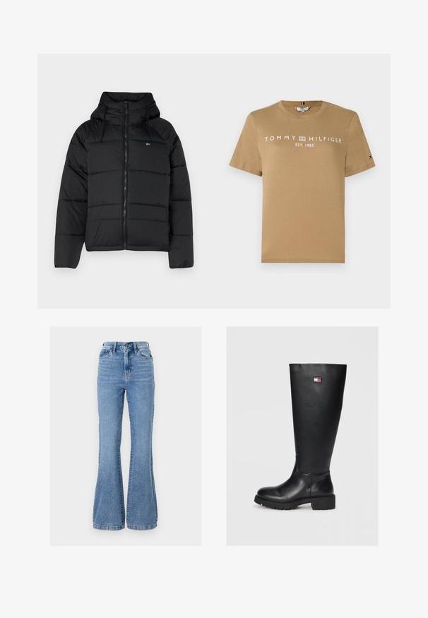 Juodas pūkų striukė su gobtuvu, su priekiniais užtrauktukais, reguliuojamomis raištelėmis ir siuvinėta struktūra. Minkšta, lengva medžiaga.; Ruda medvilninė marškinėliai su trumpomis rankovėmis, ant kurių baltai yra užrašyta "TOMMY HILFIGER EST. 1985". Mažas logotipo akcentas ant rankovės.; Šviesiai mėlynos džinsinės kelnes su plačiais galu, aukštu liemeniu, su priekinėmis kišenėmis, užtrauktuku ir švelniu blukimu audinyje.; Juodai, kelių ilgio batai, pagaminti iš lygios odos su tekstūruota guma, su mažuoju logotipo ženkleliu raudonos, baltos ir mėlynos spalvų.