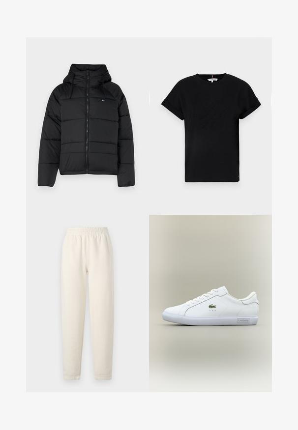 Czarna ocieplana kurtka z kapturem, wyposażona w zamek błyskawiczny z przodu, regulowane sznurki oraz pikowany wzór. Miękka, lekka tkanina.; Czarna bawełniana koszulka z krótkimi, podwiniętymi rękawami, z wytłoczonym logo na środku i małym akcentem flagi z boku.; Kremowe spodnie dresowe z miękkiego materiału. Posiadają elastyczny pasek w talii oraz zwężającą się nogawkę z delikatnymi detalami ściegów.; Białe niskie sneakersy z białymi sznurowadłami, zielonym logo krokodyla po boku i etykietą "Lacoste" na podeszwie na neutralnym tle.