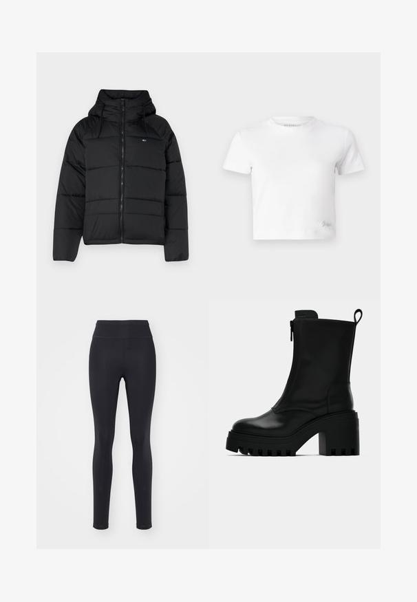 Zwarte gewatteerde jas met capuchon, voorzien van een voorrits, verstelbare koordjes en een doorgestikt ontwerp. Zacht, lichtgewicht materiaal.; Witte cropped t-shirt van zacht katoen, met een hoge hals en korte mouwen. Klein geborduurd logo in de onderhoek.; Zwarte leggings gemaakt van rekbaar materiaal, met een hoge tailleband, een soepele textuur en een slank, slim fit ontwerp zonder zichtbare patronen.; Zwarte leren enkelboot met stevige zool, blokhak, rits aan de zijkant en een trekloop achterop op een effen witte achtergrond.