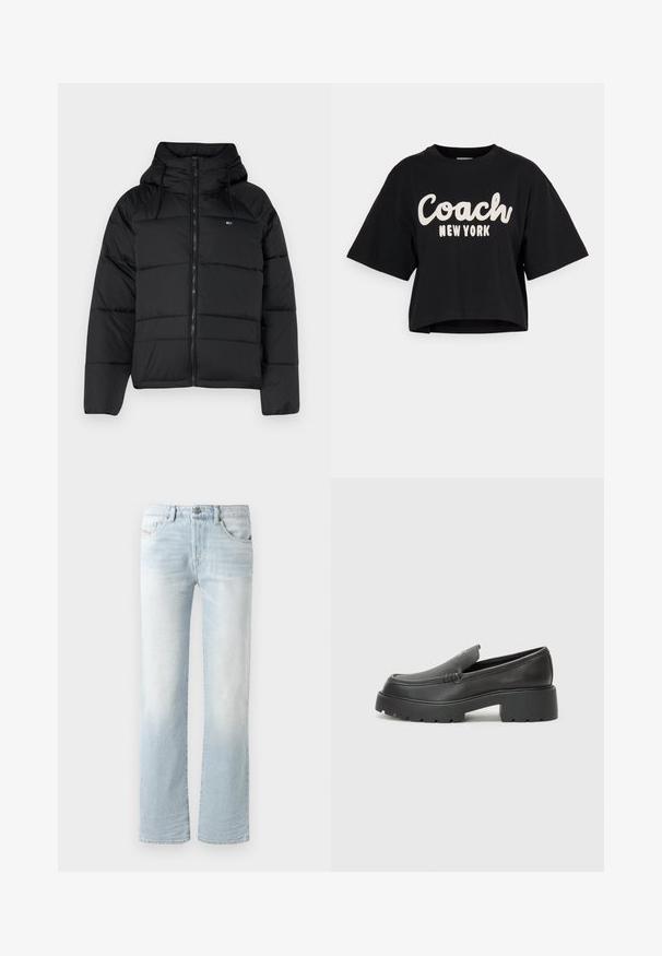 Melnas polsterētas jakas ar kapuci, ar priekšējo rāvējslēdzi, pielāgojamām auklām un izšūtu dizainu. Mīksts, viegls audums.; Melna īsā krekla ar īsām piedurknēm, izgatavots no kokvilnas, ar lielu balto tekstu "Coach New York" uz priekšpuses. Gluda tekstūra.; Gaiši zili džinsi ar taisnu kāju dizainu, ar izbalēšanu, piecām kabatām un priekšējo pogu aizdari.; Melnas ādas mokasīni ar noapaļotu purngalu, biezs teksturēts zoles un minimālas dūriena detaļas. Gluds dizains bez redzamām auklām vai metāla elementiem.