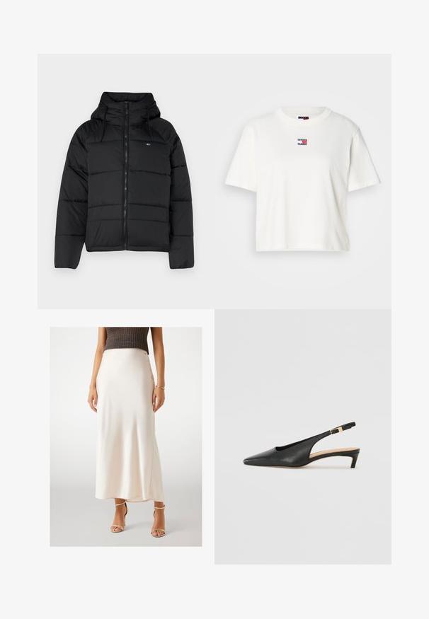 Schwarze gepolsterte Jacke mit Kapuze, ausgestattet mit einem frontalen Reißverschluss, verstellbaren Kordeln und gestepptem Design. Weicher, leichter Stoff.; Weißes Baumwoll-T-Shirt mit Rundhalsausschnitt und kurzen Ärmeln. Besitzt ein kleines farbiges Logo-Patch mit roten, blauen und weißen Akzenten auf der Brust.; Cremfarbene Satinstufenrock mit glatter Textur, sitzt in der Taille, verfügt über einen seitlichen Schlitz und wird mit goldenen, schnürbaren High-Heels kombiniert.; Schwarze Leder Slingback-Pumps mit spitzer Zehe, niedrigem Absatz und verstellbarem Knöchelriemen mit einer goldfarbenen Schnalle. Glatte Textur.