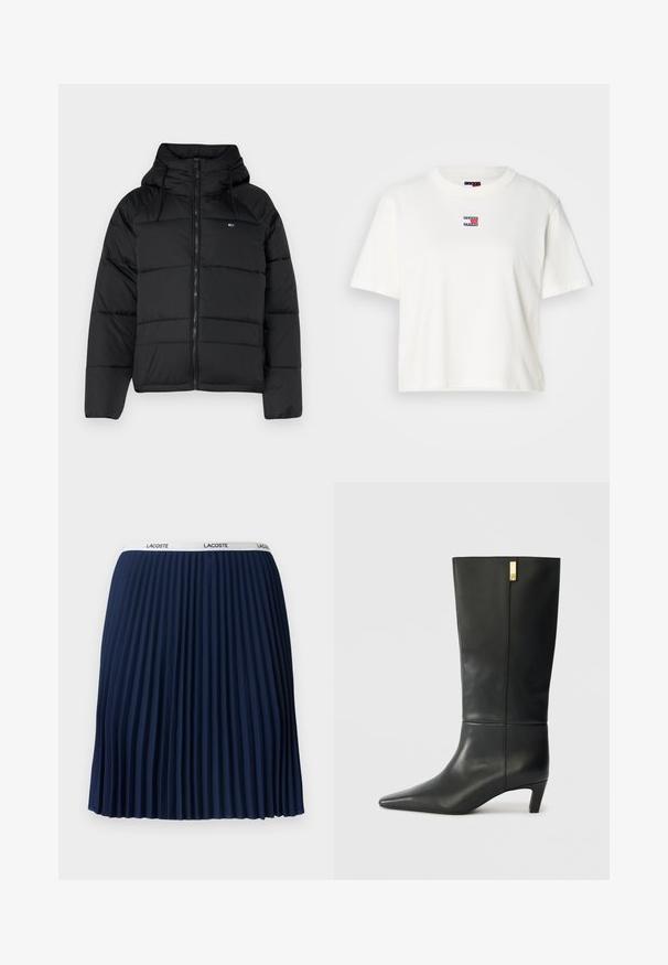 Casaco acolchoado preto com capuz, apresentando um fecho éclair frontal, cordões ajustáveis e design acolchoado. Tecido macio e leve.; Camiseta branca em algodão com decote redondo e mangas curtas. Apresenta um pequeno emblema em cor com detalhes em vermelho, azul e branco no peito.; Saia plissada azul-marinho com um design texturizado, cintura elástica com a marca "LACOSTE" e tecido suave.; Bota de couro preto até ao joelho com bico fino e um pequeno tacão. Apresenta um design elegante com um detalhe em dourado. Textura suave.