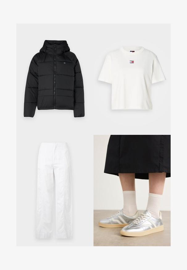 Giacca nera imbottita con cappuccio, dotata di zip frontale, lacci regolabili e design trapuntato. Tessuto morbido e leggero.; T-shirt bianco in cotone con scollo rotondo e maniche corte. Presenta una piccola patch con logo colorato con accenti rossi, blu e bianchi sul petto.; Pantaloni bianchi a gamba larga realizzati in tessuto leggero, con una texture liscia, linee pulite e un design a vita alta.; Sneakers sintetici argento con strisce bianche, suola crema e superficie testurizzata; abbinati a calzini leggeri a coste e una gonna nera.
