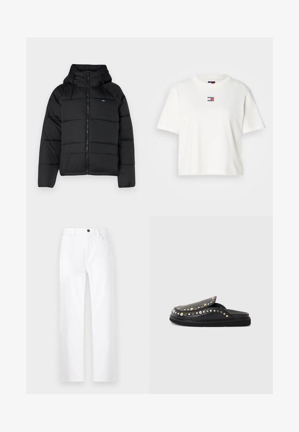 Veste matelassée noire avec capuche, dotée d'un zip avant, de cordons de serrage réglables et d'un design matelassé. Tissu doux et léger.; T-shirt en coton blanc avec un col rond et des manches courtes. Présente un petit logo coloré brodé avec des accents rouges, bleus et blancs sur la poitrine.; Pantalon en denim blanc à jambes larges, doté d'une fermeture à bouton, de poches avant et d'un design épuré sans motifs ni accents visibles.; Chaussures noires en cuir à enfiler avec bout rond, ornées de clous métalliques et d'une semelle plate à rainures texturées. Détails de couture décoratifs présents.