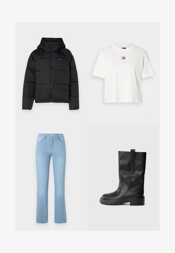 Black padded jacket with a hood, featuring a front zipper, adjustable drawstrings, and quilted design. Soft, lightweight fabric.; White cotton t-shirt with a crew neckline and short sleeves. Features a small color logo patch with red, blue, and white accents on the chest.; Light blue flared jeans made of denim with a high waist, five-pocket design, and a button closure at the front. Smooth texture throughout.; Black leather knee-high boots with a sleek design, featuring a thick sole and a side pull tab for easy wear. Notable stitching accents.