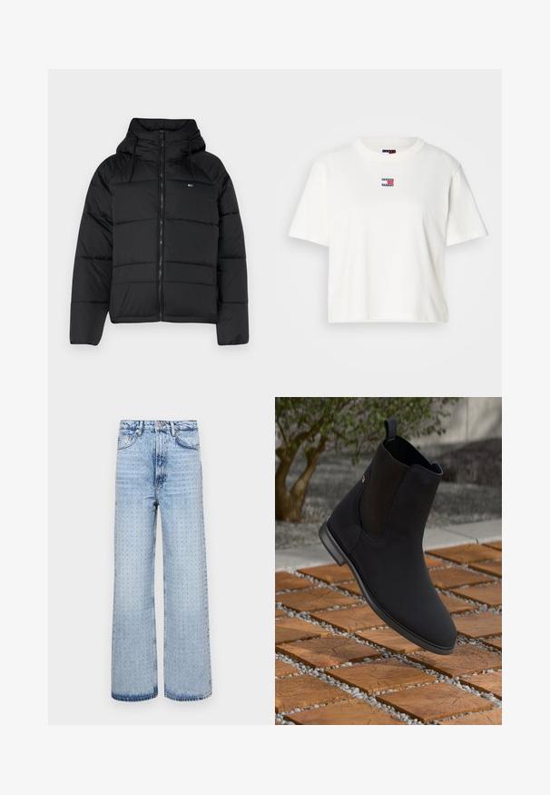 Čierna prešívaná bunda s kapucňou, má predný zips, nastaviteľné šnúrky a prešívaný dizajn. Mäkkučká, ľahká tkanina.; Biely bavlnený tričko s okrúhlym výstrihom a krátkymi rukávmi. Obsahuje malú farebnú nášivku loga s červenými, modrými a bielymi akcentmi na hrudi.; Svetlofialové denimové džínsy s širokým strihom, zdobené perforovanými detailmi po celej ploche a klasickým piatym vreckom.; Čierne členkové topánky s elastickým bočným panelom, ktoré sú vo vzduchu nad drevenými štvorcovými dlaždicami s kamienkami v exteriérovom prostredí.