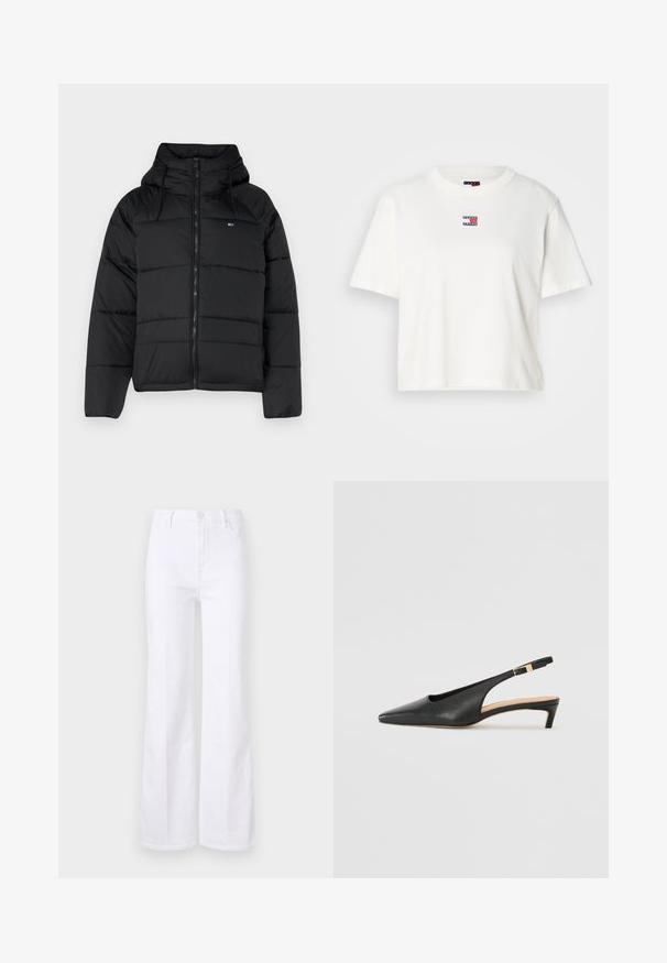 Svart polstret jakke med hette, med glidelås foran, justerbare snorer og quiltet design. Mykt, lett stoff.; Hvit bomulls T-skjorte med rund hals og korte ermer. Har et lite farget logo-patch med røde, blå og hvite detaljer på brystet.; Hvite utsvungne jeans laget av denim, med høy midje, frontlommer og knappelukking. Glatt tekstur og rene linjer.; Svart lær slingback hæl med spiss tå, lav hæl og justerbar ankelrem med en gullfarget spenne. Glatt tekstur.