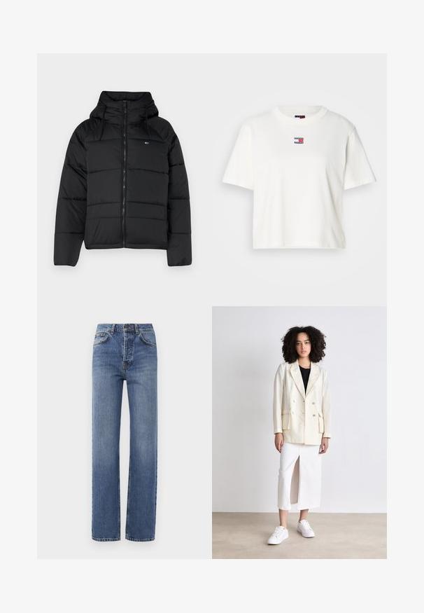 Črna podložena jakna s kapuco, ki ima sprednji zadrgo, nastavljive vrvice in kvadratni dizajn. Mehka, lahka tkanina.; Bela bombažna majica s krojnim izrezom in kratkimi rokavi. Na prsih ima majhen barvit logotip s rdečimi, modrimi in belimi akcenti.; Svijetloplave traperice s visokim strukom, ravnim krojem i suptilnim izblijedjenjem. Imaju klasični stil s pet džepova i zatvarač na rajsferšlus.; Krema dvoredni blejzer z dvema sprednjima žepoma, nošen čez črn top, v kombinaciji z belim krilom z sprednjim razporkom in belimi ponošalniki.