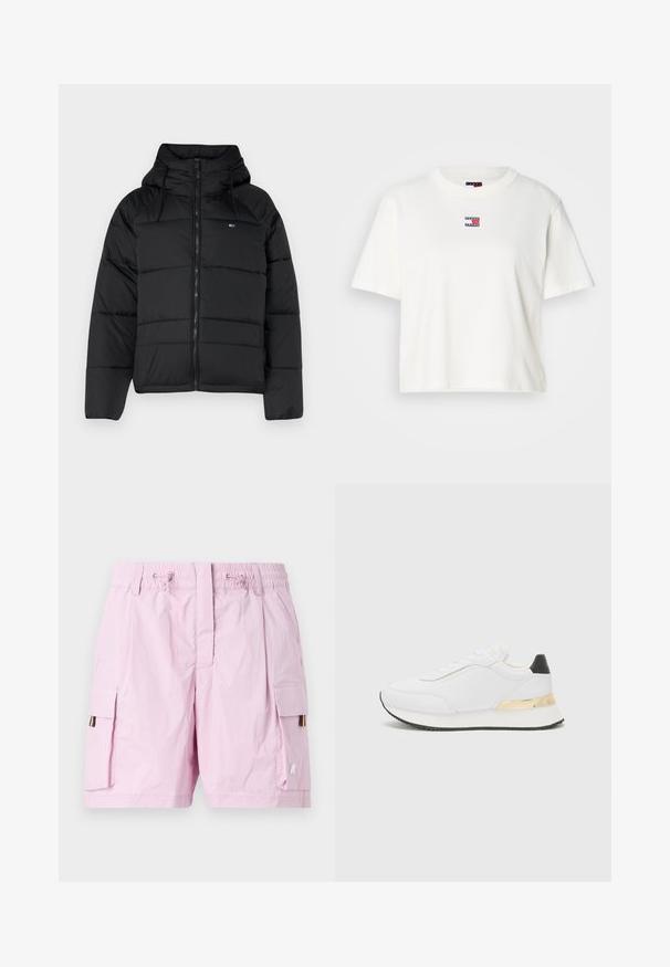 Crna podstavljena jakna s kapuljačom, sa prednjim zatvaračem, podesivim vezicama i kviltanim dizajnom. Mekani, lagani materijal.; Bijela pamučna majica s okruglim izrezom i kratkim rukavima. Na prsima se nalazi mala perjanica s bojama crvene, plave i bijele.; Svijetloružičaste cargo šorceve s elastičnim pojasom, koji imaju dva bočna džepa i višebojnu oznaku s lijeve strane. Glatka tekstura.; Bijele tenisice s glatkom obradom, koje imaju crni akcent na peti i zlatni metalni detalj na srednjem dijelu. Dizajn sa vezicama, gumeni potplat.