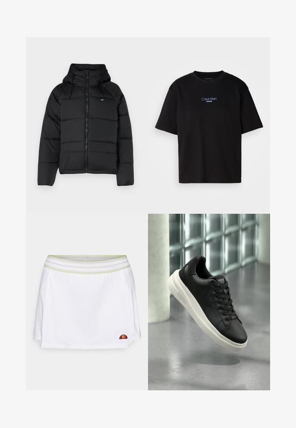 Črna podložena jakna s kapuco, ki ima sprednji zadrgo, nastavljive vrvice in kvadratni dizajn. Mehka, lahka tkanina.; Črna bombažna majica s krožnim izrezom, kratkimi rokavi in modrim vezenim logotipom "Calvin Klein JEANS" na sprednji strani.; Bela atletska krila s teksturiranim pasom, ki ima zelene in vijolične črte, bočnimi razporki in majhnim vezenim logotipom na robu.; Črne nizke superge Guess z belo podplatom, vezalkami in blagovno znamko na strani ter jeziku, razstavljene ob ozadju iz steklenih blokov.