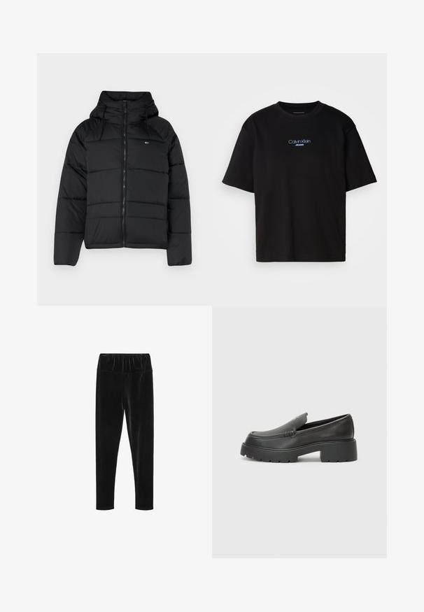 Musthave mustaga, millel on kapuuts, ees lukk, reguleeritavad nöörid ja tikitud disain. Pehme ja kerge kangas.; Mustmust särk ümmarguse kaelusega, lühikeste varrukatega ja sinise tikandiga "Calvin Klein JEANS" logo ees.; Mustmust mustreleggings, millel on elastne vöökoht ja sile, läikiv tekstuur. Kitsas lõige, millel on kitsenev jala disain.; Mustad nahast loafers ümarate varvastega, paksu tekstuuriga tald ja minimaalsete õmbluse detailidega. Viimistletud disain, kus pole nähtavaid paelu ega riistu.