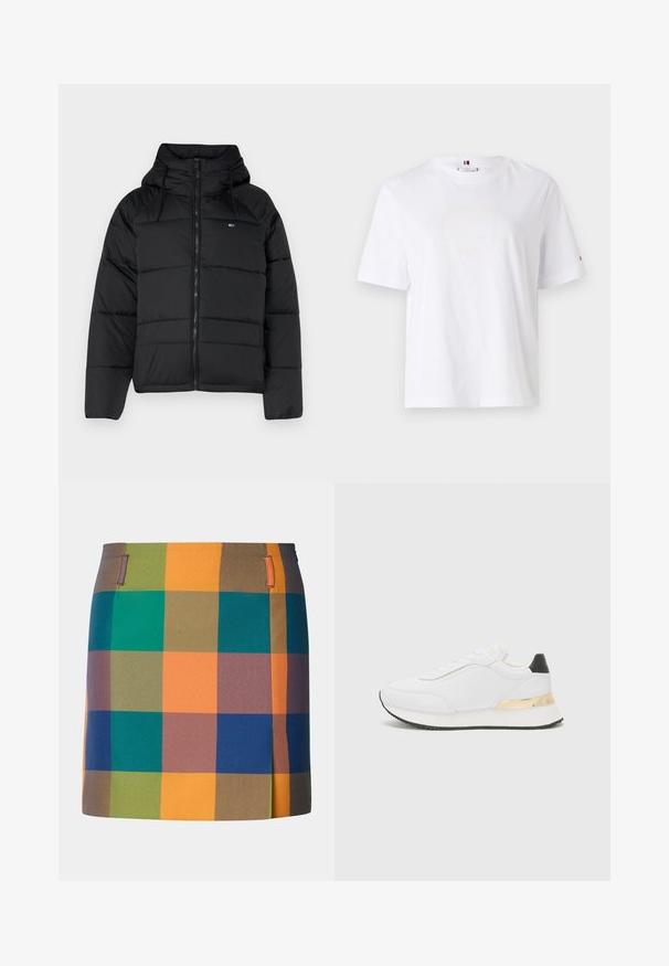 Giacca nera imbottita con cappuccio, dotata di zip frontale, lacci regolabili e design trapuntato. Tessuto morbido e leggero.; T-shirt bianco in cotone con scollo rotondo, maniche corte e un discreto logo giallo che recita "HILFIGER NEW YORK 1985." Vestibilità standard.; Gonna multicolore caratterizzata da un audace motivo a quadri con quadrati arancioni, verdi, blu e marroni. Progettata con una linea diritta e dettagli laterali.; Sneaker bianco con finitura liscia, caratterizzato da un accento sul tallone nero e un dettaglio metallico dorato sulla suola intermedia. Design con lacci, suola in gomma.