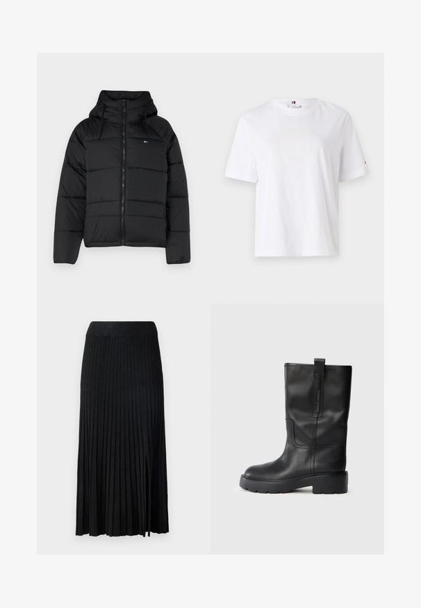 Juodas pūkų striukė su gobtuvu, su priekiniais užtrauktukais, reguliuojamomis raištelėmis ir siuvinėta struktūra. Minkšta, lengva medžiaga.; Balta medvilninė marškinė su apvalia kaklo išpjova, trumpomis rankovėmis ir subtiliu geltonu logotipu, kuris sako "HILFIGER NEW YORK 1985." Standartinio kirpimo.; Juoda plisėta midi sijonas su briaunotu juosmeniu, turintis tekstūruotą audinį, šonines skyles ir vertikalias linijas per visą dizainą.; Juodos odinės kelio ilgio bootai su elegantišku dizainu, turintys storą padas ir šoninius traukimo antkaklius patogiam užsitempimui. Išskirtiniai siuvimo akcentai.