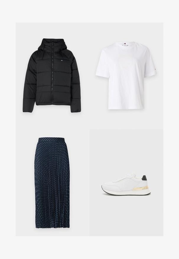 Schwarze gepolsterte Jacke mit Kapuze, ausgestattet mit einem frontalen Reißverschluss, verstellbaren Kordeln und gestepptem Design. Weicher, leichter Stoff.; Weißes Baumwoll-T-Shirt mit Rundhalsausschnitt, kurzen Ärmeln und dezentem gelben Logodesign mit der Aufschrift "HILFIGER NEW YORK 1985." Standardpassform.; Marineblauer, faltiger Rock mit weißen Punkten, verfügt über einen strukturierten Bund, fließenden Stoff und ein bodenlanges Design.; Weißer Sneaker mit einer glatten Oberfläche, ausgestattet mit einem schwarzen Akzent an der Ferse und einem goldenen metallischen Detail an der Zwischensohle. Schnürdesign, gummierte Sohle.