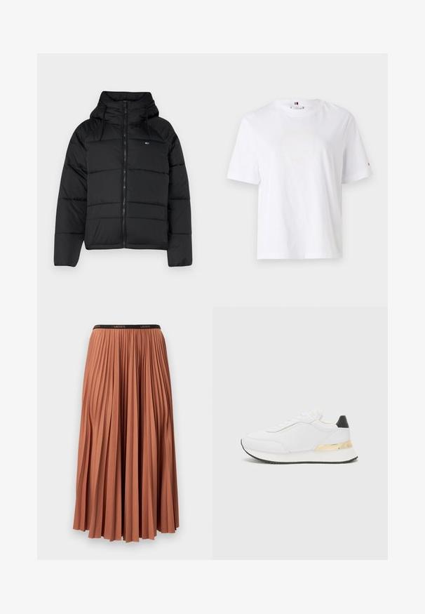 Černá péřová bunda s kapucí, vybavená předním zipem, nastavitelnými šňůrami a prošívaným designem. Měkká, lehká tkanina.; Bílý bavlněný tričko s kulatým výstřihem, krátkými rukávy a decentním žlutým logem s nápisem "HILFIGER NEW YORK 1985." Standardní střih.; Plisovaná sukně v terakotové barvě s černým páskem, s vertikálními sklady a hladkým povrchem. Délka sahá po půlky. A; Bílé tenisky s hladkým povrchem, které mají černý akcent na patě a zlatý kovový detail na mezipodešvi. Design na zavazování, gumová podrážka.