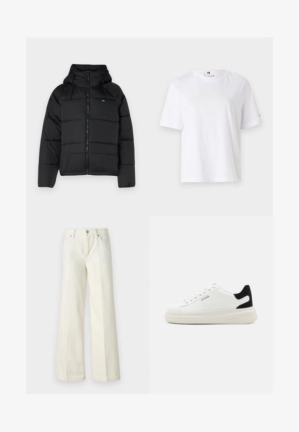 Fekete puffasztott kabát kapucnival, elülső cipzárral, állítható húzózsinórral és steppelt dizájnnal. Puha, könnyű anyag.; Fehér pamut póló, kerek nyakkivágással, rövid ujjakkal és diszkrét sárga logóval, amelyen a felirat "HILFIGER NEW YORK 1985" szerepel. Normál szabású.; Bőszárú fehér farmernadrág pamut keverék anyagból. Cipzáras záródással, öt zsebes kialakítással és varrással a varratok mentén.; Fehér bőr sportcipők vastag fehér talppal, fekete velúr sarokpikkelyel és dombornyomott logóval az oldalon. Fűzős kialakítás, hat fűzőlyukkal.