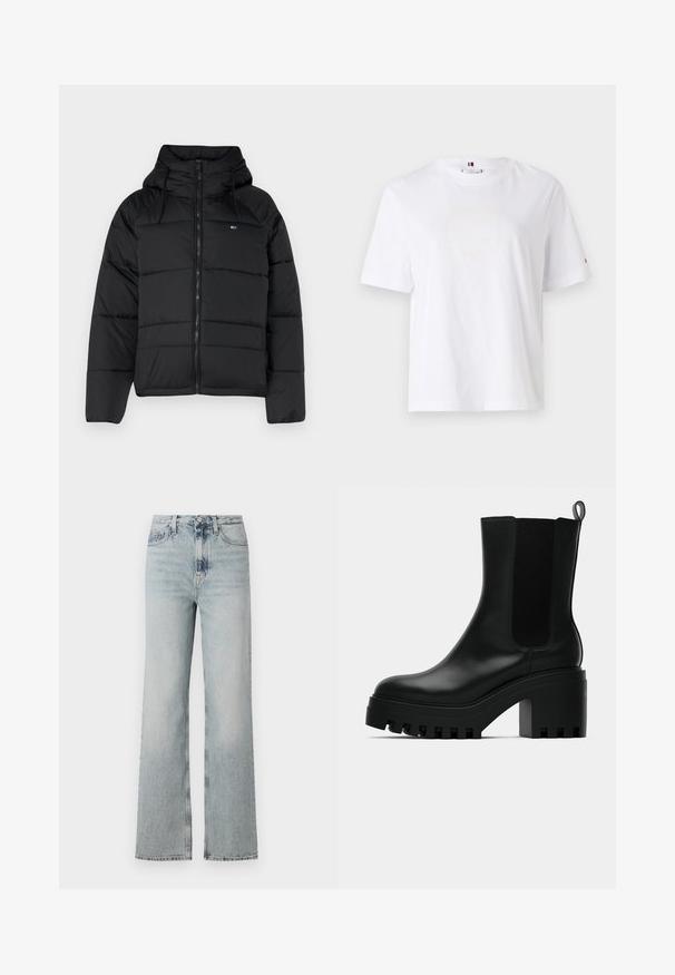 Mustat pehmustetut takki huppulla, jossa on edessä vetoketju, säädettävät nauhat ja tikattu muotoilu. Pehmeä, kevyt kangas.; Valkoinen puuvillapaita, jossa on pyöreä kaula-aukko, lyhyet hihat ja huomaamaton keltainen logomuotoilu, jossa lukee "HILFIGER NEW YORK 1985." Normaali istuvuus.; Korkeavyötäröiset vaaleansiniset farkut, joissa on leveä lahje, viisi taskua ja hillitty haalistuminen kankaassa.; Mustat nahkasaappaat nilkkamittaisella, pyöreällä kärjellä, paksulla pohjalla ja verkkokankaiset sivuosat. Varustettu vetonauhalla, joka helpottaa pukemista.