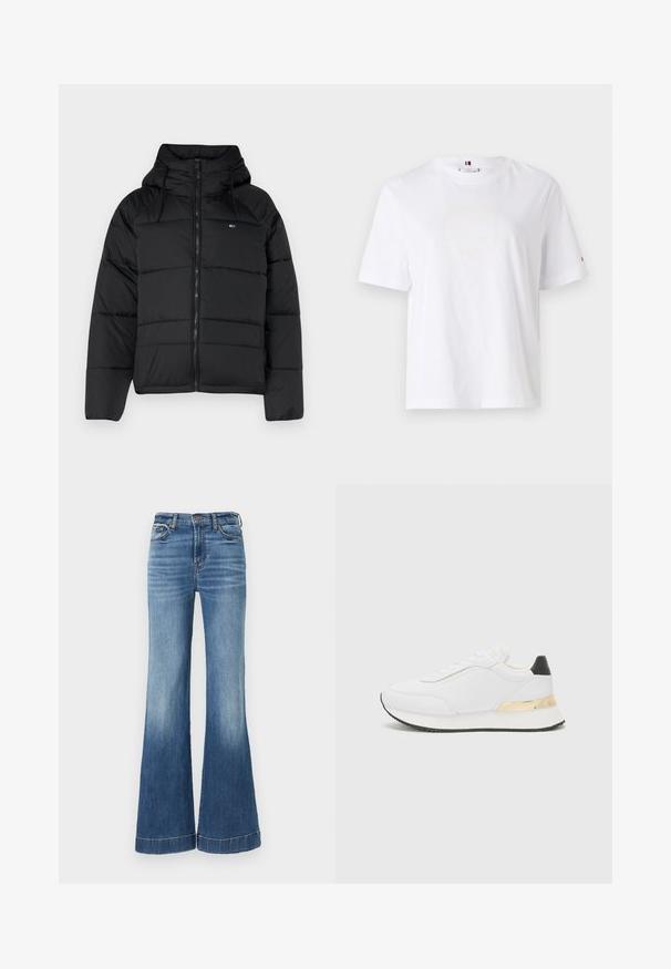 Čierna prešívaná bunda s kapucňou, má predný zips, nastaviteľné šnúrky a prešívaný dizajn. Mäkkučká, ľahká tkanina.; Biely bavlnený tričko s okrúhlym výstrihom, krátkymi rukávmi a jemným žltým logom s nápisom "HILFIGER NEW YORK 1985." Štandardný strih.; Modré denimové zvonové džínsy s vysokým pásom, s jasnejším vyblednutím na spodnej časti a prešitým lemom. Klasický dizajn s piatimi vreckami.; Biele tenisky s hladkým povrchom, s čiernym akcentom na päte a zlatým kovovým detailom na medzipodrážke. Šnurovací dizajn, gumová podrážka.