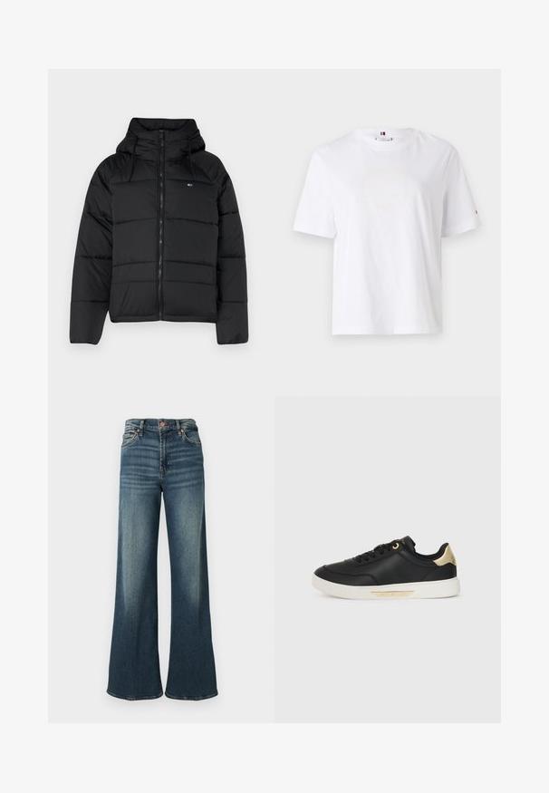 Juodas pūkų striukė su gobtuvu, su priekiniais užtrauktukais, reguliuojamomis raištelėmis ir siuvinėta struktūra. Minkšta, lengva medžiaga.; Balta medvilninė marškinė su apvalia kaklo išpjova, trumpomis rankovėmis ir subtiliu geltonu logotipu, kuris sako "HILFIGER NEW YORK 1985." Standartinio kirpimo.; Tamsiai mėlyni plačios kojomis džinsai, pagaminti iš džinsinio audinio, su klasikiniu penkių kišenių dizainu, vario detalėmis ir subtiliu blukimu priekyje.; Juodos odinės sportinės bateliai su lygiu paviršiumi, balta guma padais, auksiniais akcentais ant kulno ir akių, su logotipu ant šono.