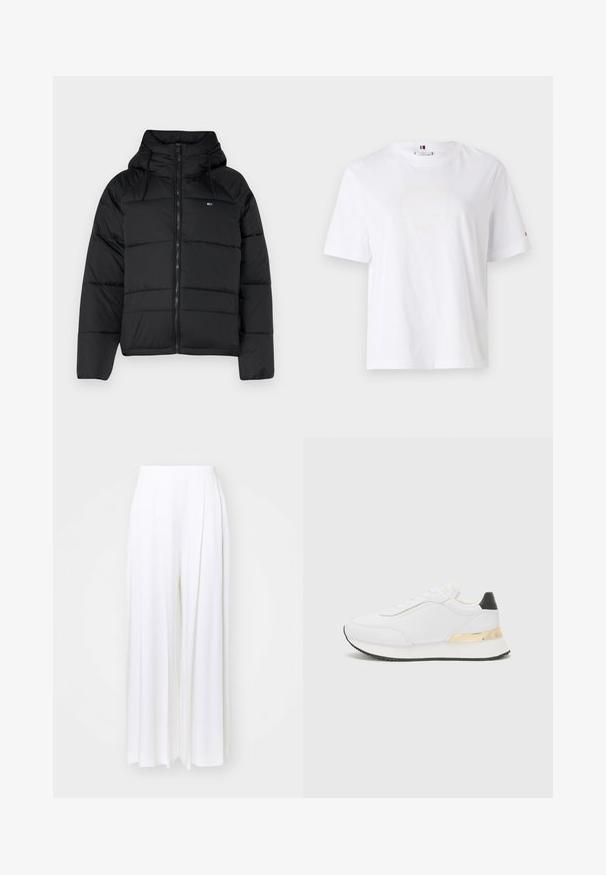 Melnas polsterētas jakas ar kapuci, ar priekšējo rāvējslēdzi, pielāgojamām auklām un izšūtu dizainu. Mīksts, viegls audums.; Balts kokvilnas T-krekls ar apaļu kaklu, īsām piedurknēm un smalku dzeltenu logo dizainu, kas lasa "HILFIGER NEW YORK 1985". Standarta izgriezums.; BOSS TETOSA - Auduma bikses - white; Baltas sporta apavs ar gludu virsmu, ar melnu papēža akcentu un zeltītu metāla detaļu uz vidus zoles. Saista dizains, gumijas zole.