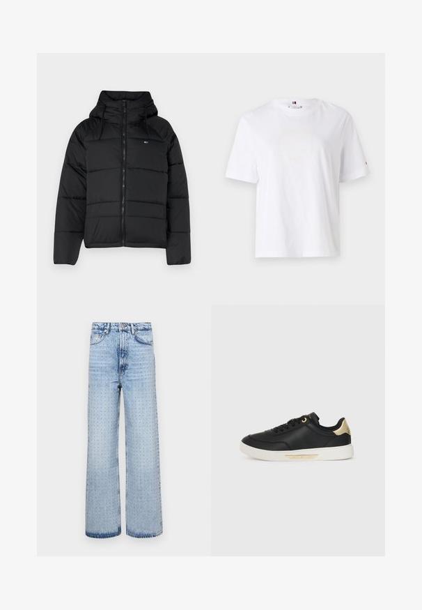 Čierna prešívaná bunda s kapucňou, má predný zips, nastaviteľné šnúrky a prešívaný dizajn. Mäkkučká, ľahká tkanina.; Biely bavlnený tričko s okrúhlym výstrihom, krátkymi rukávmi a jemným žltým logom s nápisom "HILFIGER NEW YORK 1985." Štandardný strih.; Svetlofialové denimové džínsy s širokým strihom, zdobené perforovanými detailmi po celej ploche a klasickým piatym vreckom.; Čierne kožené tenisky s hladkou textúrou, bielou gumovou podrážkou, zlatými akcentmi na päte a šnúrkach, s logom na boku.