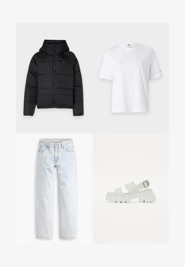 Čierna prešívaná bunda s kapucňou, má predný zips, nastaviteľné šnúrky a prešívaný dizajn. Mäkkučká, ľahká tkanina.; Biely bavlnený tričko s okrúhlym výstrihom, krátkymi rukávmi a jemným žltým logom s nápisom "HILFIGER NEW YORK 1985." Štandardný strih.; Svetlomodré džíny s rovnými nohavicami a vysokým pásom, obsahujúce päť vreciek, predné zapínanie na gombík a viditeľné švy.; Biele sandále s masívnou podrážkou, ktoré majú dva široké popruhy a detail s prackou na členkovom popruhu. Hladká textúra, minimalistický dizajn.