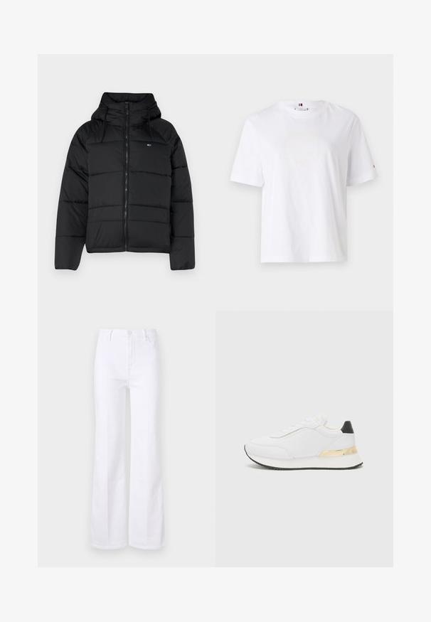 Μαύρο φουσκωτό μπουφάν με κουκούλα, με μπροστινό φερμουάρ, ρυθμιζόμενα κορδόνια και σχέδιο με καπιτονέ. Μαλακό, ελαφρύ ύφασμα.; Λευκό βαμβακερό T-shirt με στρογγυλή λαιμόκοψη, κοντά μανίκια και διακριτικό κίτρινο λογότυπο που γράφει "HILFIGER NEW YORK 1985." Κανονική εφαρμογή.; Λευκά τζιν φάρδους από τζιν, με ψηλή μέση, μπροστινές τσέπες και κλείσιμο με κουμπί. Λείο υλικό και καθαρές γραμμές.; Λευκό αθλητικό παπούτσι με λεία επιφάνεια, διαθέτει μαύρη λεπτομέρεια στη φτέρνα και χρυσό μεταλλικό στοιχείο στη σόλα. Σχέδιο με κορδόνια, ελαστική σόλα.