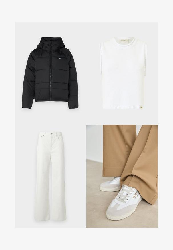 Svart polstret jakke med hette, med glidelås foran, justerbare snorer og quiltet design. Mykt, lett stoff.; Hvit ermeløs strikket topp med rund halslinning, ribbet kant og sidesøm detaljer; har et lite merketag nederst.; Samsøe Samsøe SHELLY - Jeans relaxed fit - clear cream; Hvite sneakers med semsket detaljer, teksturerte lisser og gummisåle. Kombinert med løse beige bukser. Logoen vises på siden.