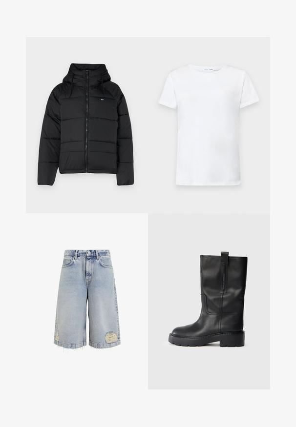 Čierna prešívaná bunda s kapucňou, má predný zips, nastaviteľné šnúrky a prešívaný dizajn. Mäkkučká, ľahká tkanina.; Biela tričko s krátkymi rukávmi vyrobené z bavlny s okrúhlym výstrihom. Hladká textura a rovný strih, bez vzorov alebo akcentov.; Svetlomodré denimové šortky s voľným strihom, roztrhnutými okrajmi a opotrebovanými miestami s viditeľným šitím. Klasický dizajn s piatimi vreckami.; Čierne kožené vysoké čižmy s elegantným dizajnom, ktoré majú hrubú podrážku a bočný popruh pre jednoduché obúvanie. Výrazné švy ako akcent.