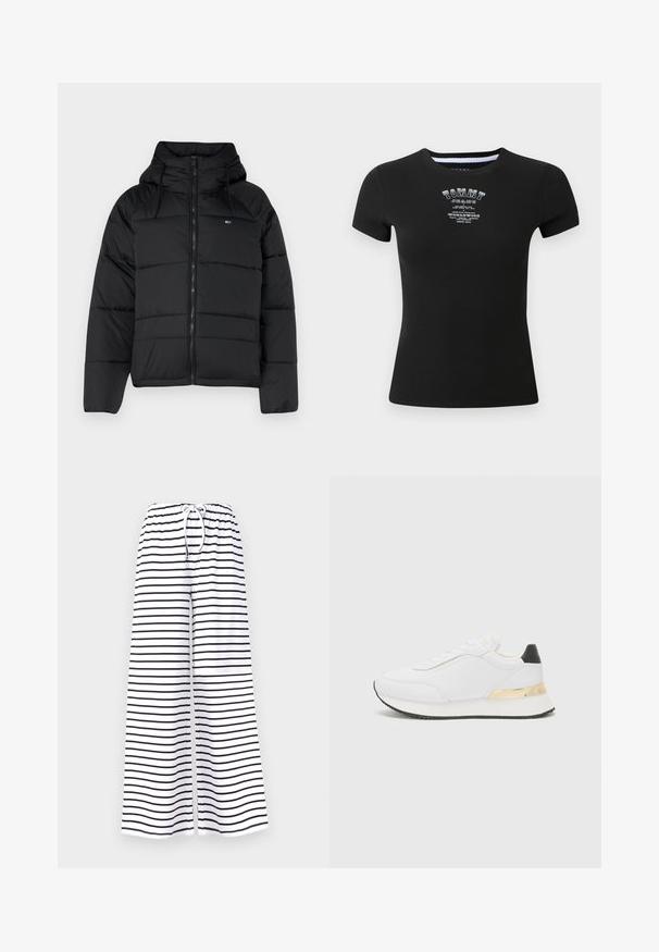 Čierna prešívaná bunda s kapucňou, má predný zips, nastaviteľné šnúrky a prešívaný dizajn. Mäkkučká, ľahká tkanina.; Čierne rebrované tričko s krátkymi rukávmi, s bielym logom a textom "TOMMY JEANS" v opotrebovanom štýle naprieč hrudníkom.; Široké nohavice z bieleho materiálu s čiernymi horizontálnymi pruhmi. Elastický pás s šnúrkou pre nastaviteľné prispôsobenie a pohodlie.; Biele tenisky s hladkým povrchom, s čiernym akcentom na päte a zlatým kovovým detailom na medzipodrážke. Šnurovací dizajn, gumová podrážka.