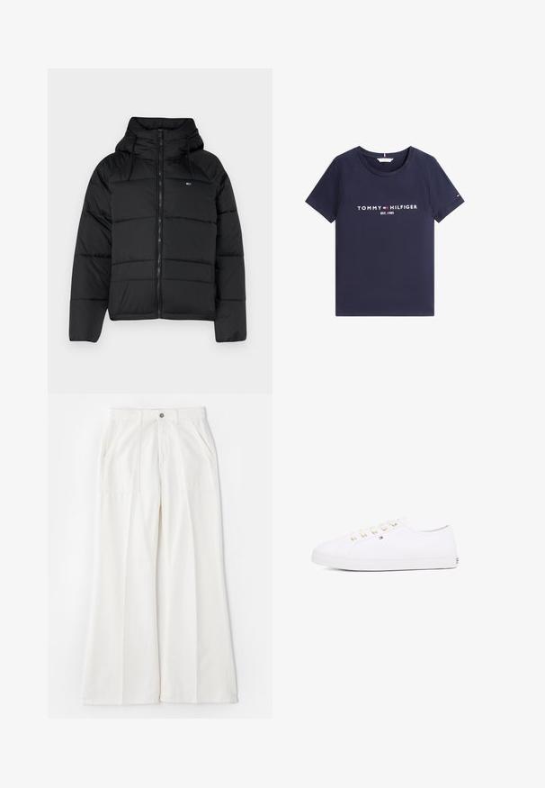 Svart polstret jakke med hette, med glidelås foran, justerbare snorer og quiltet design. Mykt, lett stoff.; Marineblå T-skjorte med korte ermer, rund hals og hvit "Tommy Hilfiger EST. 1985"-tekst og logo på forsiden.; Hvite vide bukser laget av myk stoff, med frontlommer og en enkel knapplukking, med et rent, minimalistisk design.; Hvit lerrets sneakers med gullinnfellinger, flate lisser, teksturert gummisåle og minimal merkevarebygging på siden. Lavprofil design.