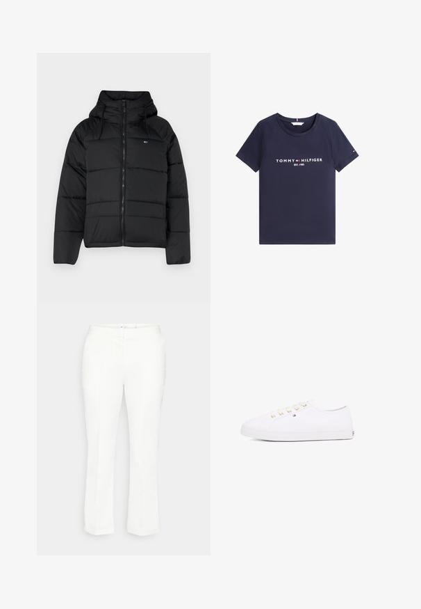 Svart polstret jakke med hette, med glidelås foran, justerbare snorer og quiltet design. Mykt, lett stoff.; Marineblå T-skjorte med korte ermer, rund hals og hvit "Tommy Hilfiger EST. 1985"-tekst og logo på forsiden.; Hvite bukser med rette ben, flat midje, diskrete brettdetaljer og ingen synlige lommer. Glatt tekstur, klassisk design.; Hvit lerrets sneakers med gullinnfellinger, flate lisser, teksturert gummisåle og minimal merkevarebygging på siden. Lavprofil design.