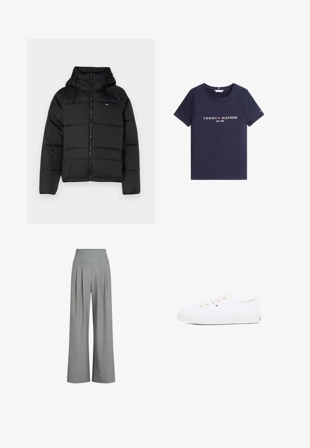 Musthave mustaga, millel on kapuuts, ees lukk, reguleeritavad nöörid ja tikitud disain. Pehme ja kerge kangas.; Tumesinise lühikeste varrukatega T-särk ümmarguse kaelusega, millel on ees valge tekst ja logo "Tommy Hilfiger EST. 1985".; Hallide pleeditud laiad püksid heledas hallis värvitoonis kõrge vöökohaga, valmistatud tekstuuriga kangast, millel on sile viimistlus ja puhtad jooned.; Valge kangast tennisemüts kuldsete silmadega, lame pael ja tekstureeritud kummist talla, minimaalse brändimisega küljel. Madala profiiliga disain.