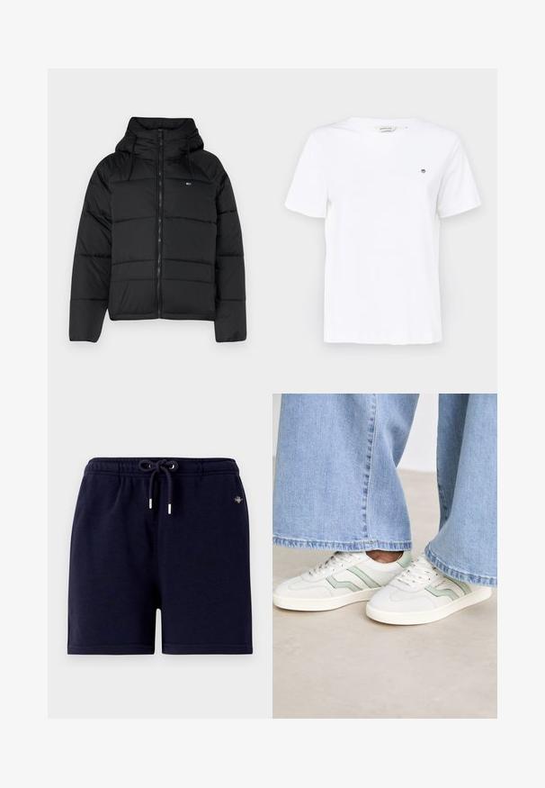 Melnas polsterētas jakas ar kapuci, ar priekšējo rāvējslēdzi, pielāgojamām auklām un izšūtu dizainu. Mīksts, viegls audums.; Baltas kokvilnas T-krekls ar īsām piedurknēm, apaļu kakla izgriezumu un mazu izšūtu logo uz krūtīm. Gluda tekstūra un klasika piegriezums.; Jūras zilas kokvilnas šorti ar elastīgu jostasvīru, aukliņu saitēm un sudraba metāla detaļām. Vienkāršs dizains, nav redzamu rakstu.; Baltas sporta apavi ar gaiši zaļiem akcentiem, teksturēta āda un plakanām gumijas zolems. Savienoti ar platām džinsa biksēm.