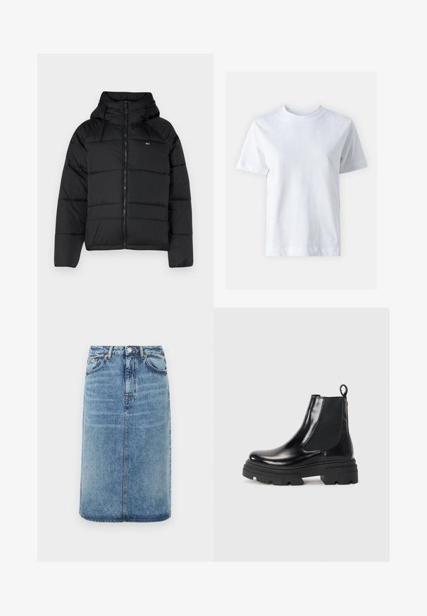 Casaco acolchoado preto com capuz, apresentando um fecho éclair frontal, cordões ajustáveis e design acolchoado. Tecido macio e leve.; Camisa de algodão branca com decote redondo, mangas curtas, corte reto e textura suave. Sem padrões ou adornos.; Saia de ganga em azul claro. Apresenta uma silhueta reta, cinco bolsos e um fecho de botão com passantes para cinto. Textura desgastada como destaque.; Botas de tornozelo em couro preto com um design elegante, painéis laterais elásticos e uma sola robusta preta. Possui uma alça na parte de trás para facilitar o calçar.