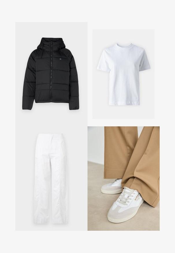 Veste matelassée noire avec capuche, dotée d'un zip avant, de cordons de serrage réglables et d'un design matelassé. Tissu doux et léger.; T-shirt en coton blanc avec un col rond, manches courtes, coupe droite et texture lisse. Sans motifs ni embellissements.; Pantalons larges blancs en tissu léger, présentant une texture lisse, des lignes épurées et une taille haute.; Baskets blanches avec des accents en daim, des lacets texturés et une semelle en caoutchouc. Associées à un pantalon beige ample. Logo affiché sur le côté.