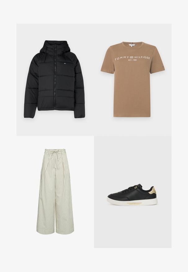 Czarna ocieplana kurtka z kapturem, wyposażona w zamek błyskawiczny z przodu, regulowane sznurki oraz pikowany wzór. Miękka, lekka tkanina.; Brązowa bawełniana koszulka z krótkim rękawem, z białym napisem logo "TOMMY HILFIGER EST. 1985" na przodzie oraz małym akcentem logo na rękawie.; Spodnie szerokie w kolorze kremowym z cienkimi brązowymi pionowymi paskami. Posiadają plisy i pasek do wiązania w talii. Wykonane z gładkiego materiału.; Czarne skórzane sneakersy o gładkiej fakturze, biała gumowa podeszwa, złote akcenty na pięcie i oczkach sznurowadeł, z logo na boku.