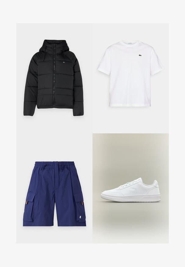 Crna podstavljena jakna s kapuljačom, sa prednjim zatvaračem, podesivim vezicama i kviltanim dizajnom. Mekani, lagani materijal.; Bijela pamučna majica s okruglim izrezom i kratkim rukavima. Ima zeleni izvezeni logo na prsima. Mekana tekstura, opušteni kroj.; Tom bilje kratke hlače u mornarsko plavoj boji s elastičnom trakom u struku, vezicom, višestrukim bočnim džepovima i narančastim dekoracijama na otvorima bočnih džepova.; Bijela tenisica s glatkim materijalom, zaobljenim vrhom, vezanjem, suptilnom logotipom na strani i teksturiranom potplatom.