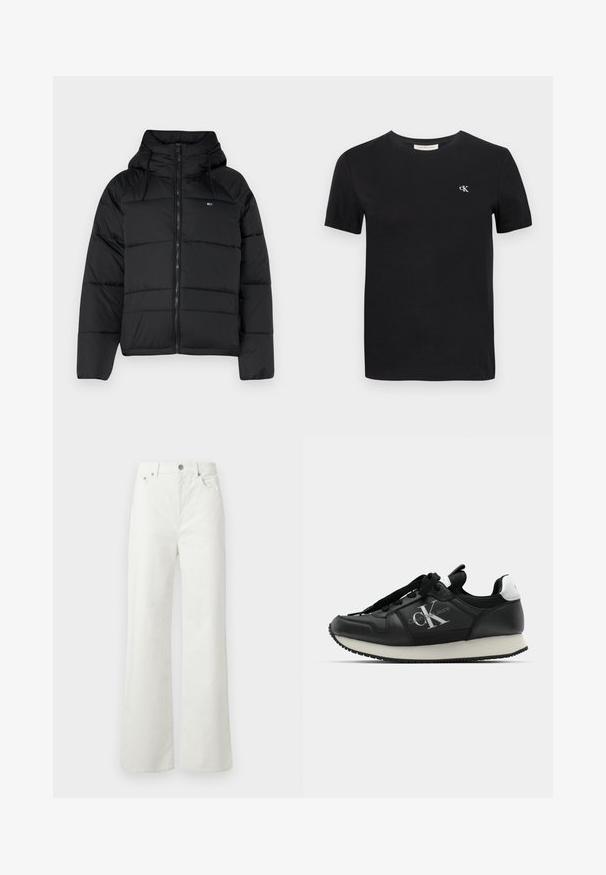 Svart polstret jakke med hette, med glidelås foran, justerbare snorer og quiltet design. Mykt, lett stoff.; Svart bomull t-skjorte med klassisk rund hals, korte ermer og en liten hvit brodert "ck"-logo på brystet.; Samsøe Samsøe SHELLY - Jeans relaxed fit - clear cream; Svart lær sneakers med hvit såle, med logo på siden, svarte snørebånd og kontrasterende hælakse. Klassisk atletisk design.