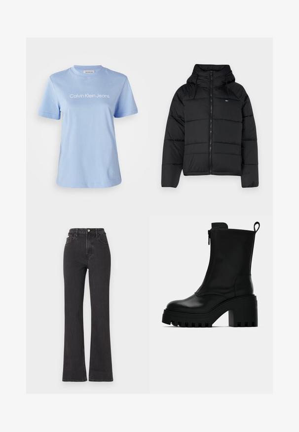 Black padded jacket with a hood, featuring a front zipper, adjustable drawstrings, and quilted design. Soft, lightweight fabric.; Light blue cotton t-shirt with short sleeves, round neckline, and "Calvin Klein Jeans" logo printed in white across the chest.; Black high-waisted flared jeans made of denim, featuring a button closure, belt loops, and side pockets. Smooth texture with minimal fading.; Black leather ankle boot with chunky lug sole, block heel, side zipper, and pull tab at the back on plain white background.