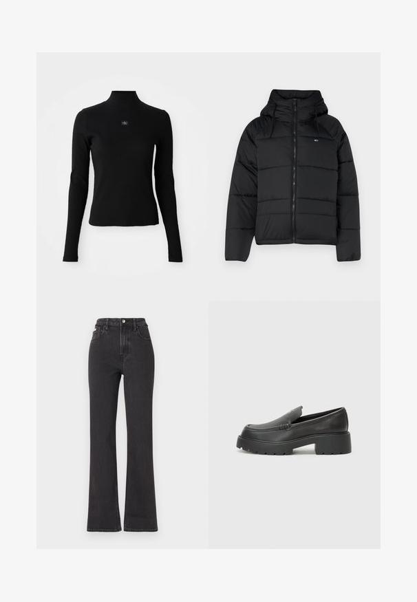 Juodas pūkų striukė su gobtuvu, su priekiniais užtrauktukais, reguliuojamomis raištelėmis ir siuvinėta struktūra. Minkšta, lengva medžiaga.; Juodas ilgomis rankovėmis paslystantis marškinėliai su aukštu apykakle. Turi mažą logotipo ženkliuką priekyje. Lygus, raukšlėtas audinys.; Juodi aukštu liemeniu platėjantys džinsai, pagaminti iš džinsinio audinio, su mygtuko uždarymu, diržo kilpomis ir šoninėmis kišenėmis. Lygus paviršius su minimaliais išblukimais.; Juodi odiniai loaferiai su apvaliu pirštu, storu tekstūruotu padu ir minimaliu siūlių dekoru. Išskirtinis dizainas be matomų raištelių ar furnitūros.