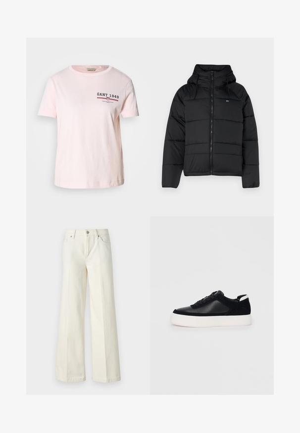 Crna podstavljena jakna s kapuljačom, sa prednjim zatvaračem, podesivim vezicama i kviltanim dizajnom. Mekani, lagani materijal.; Roze pamučna majica s okruglim izrezom. Sadrži "GANT 1949" logo u mornarskoj plavoj i crvenoj boji na prsima, kratke rukave i ravni rub.; Široke bijele traperice izrađene od mješavine pamuka. Imaju zatvarač, dizajn s pet džepova i šavove uz rubove.; Crne tenisice s glatkom kožom i panelima od antilopa, ravne vezice, zaobljenim vrhom i bijelim gumeni potplat. Izraziti logo na peti.